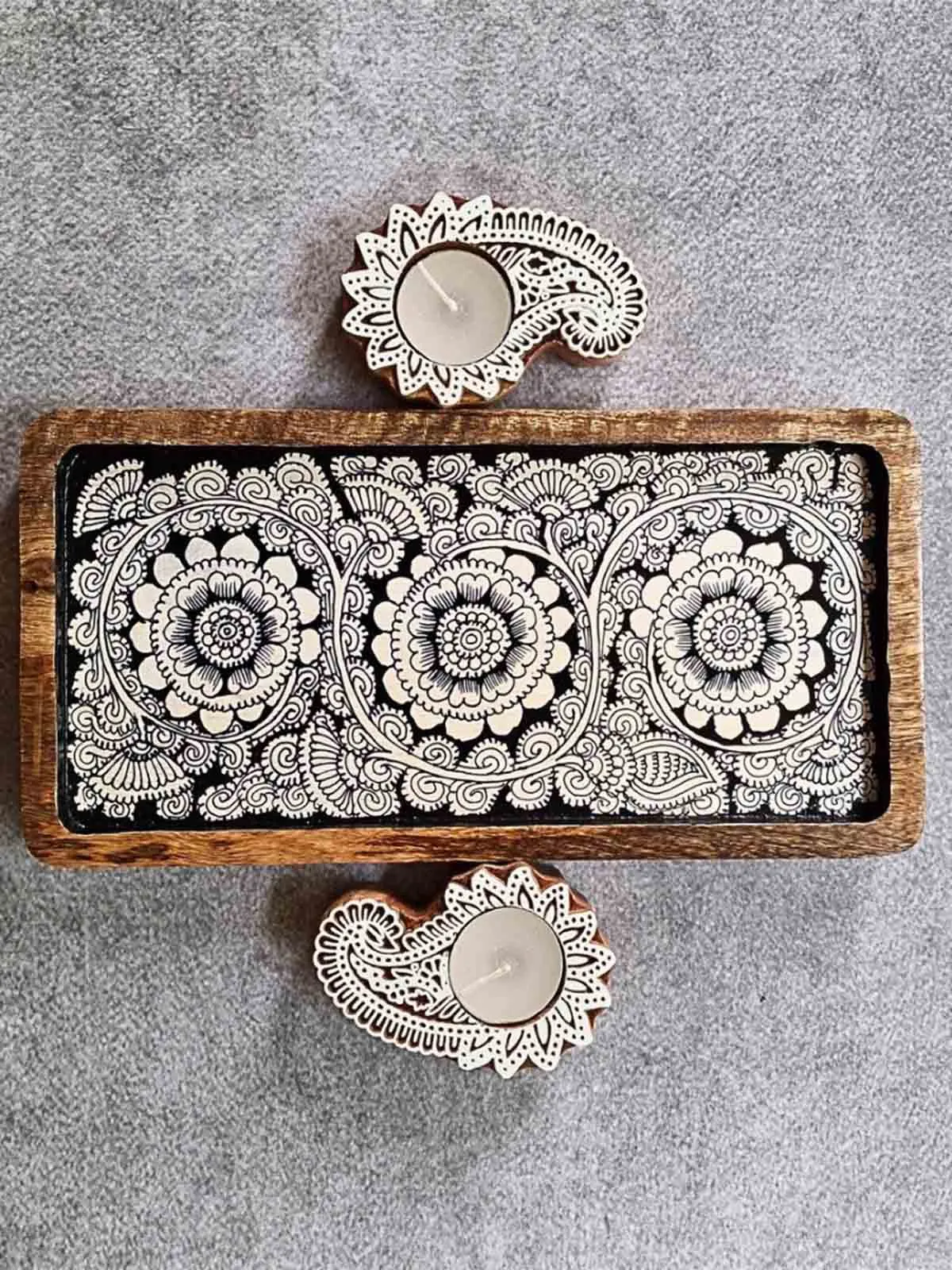 Black Hand painted wooden tray and T-Light Combo Gift Box