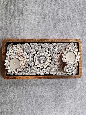 Black Hand painted wooden tray and T-Light Combo Gift Box