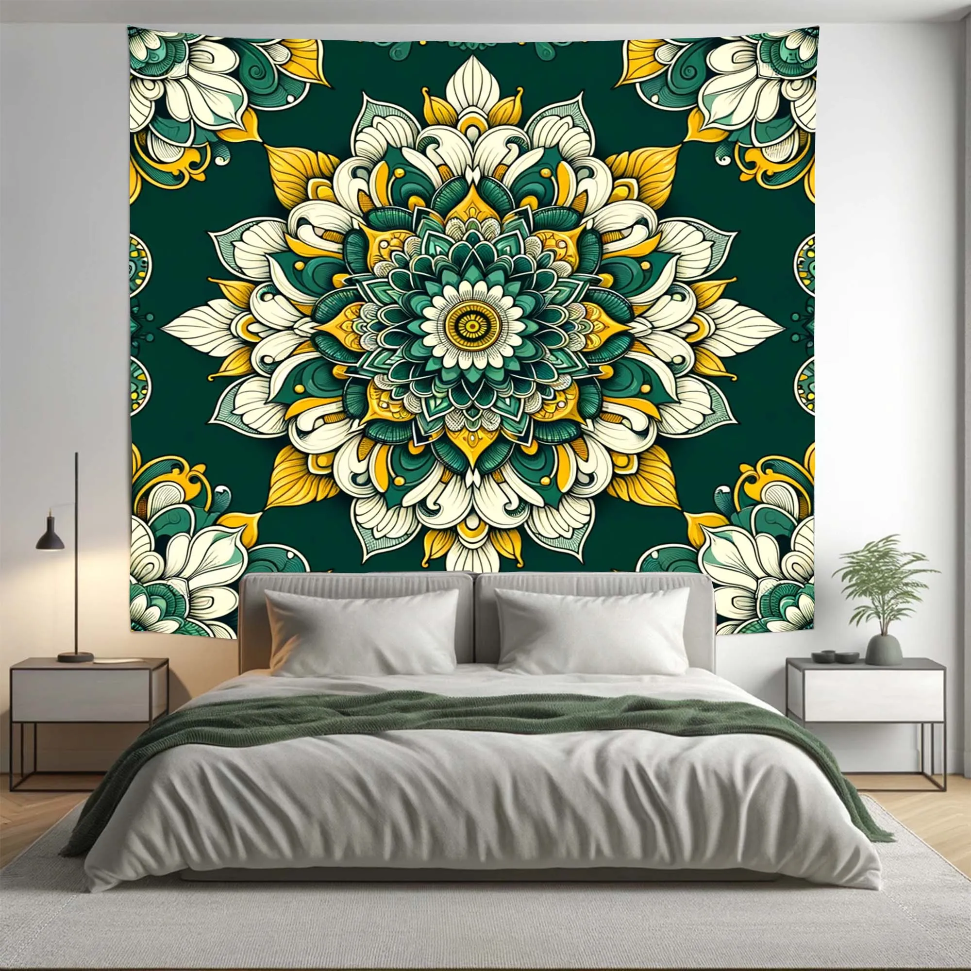 Bohemian Green Yellow Floral Mandala Tapestry Psychedelic Wall Hanging Boho Decor