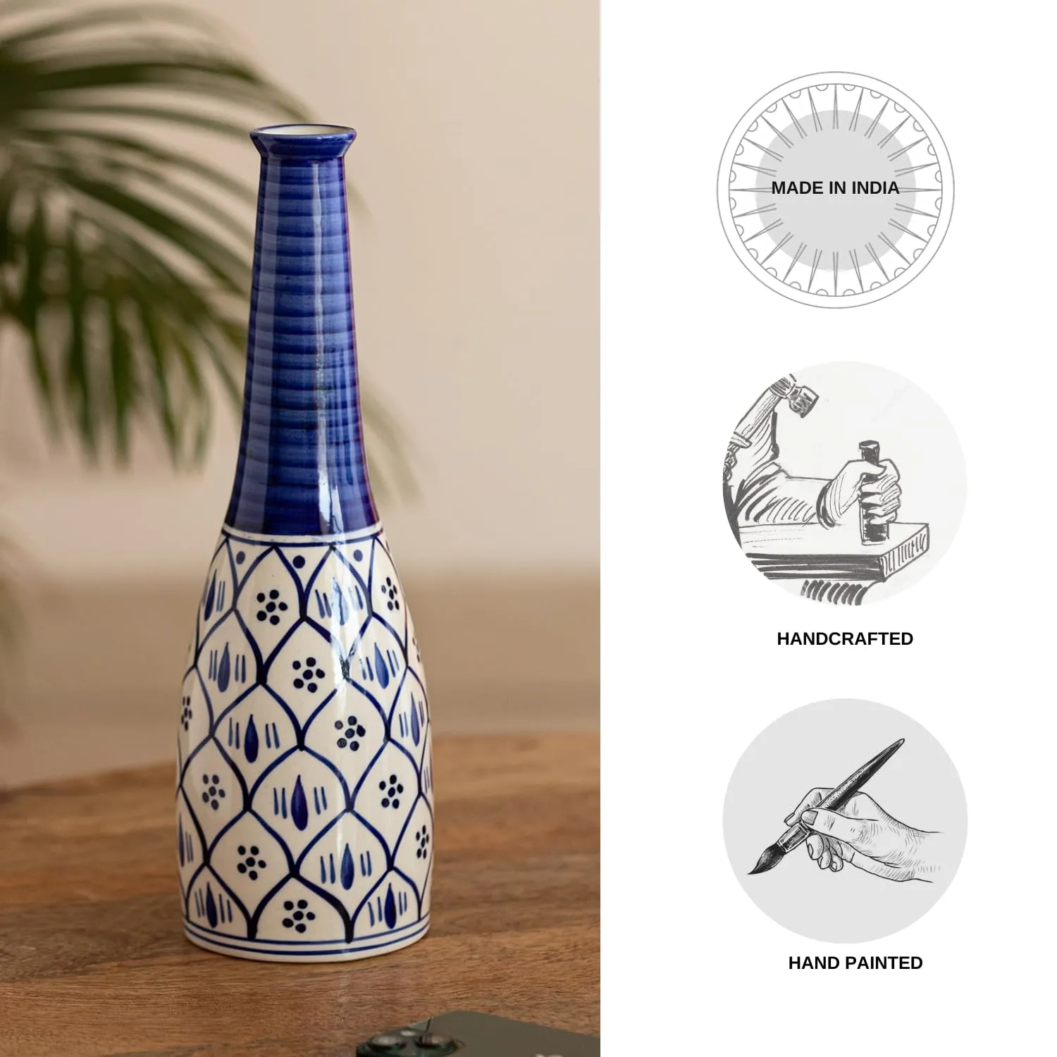 ExclusiveLane 'Moroccan Floral' Ceramic Decorative Vases for Home Decor Flower Vase for Living Room Bedroom (Hand-Painted Studio Pottery, 12.5 Inches)