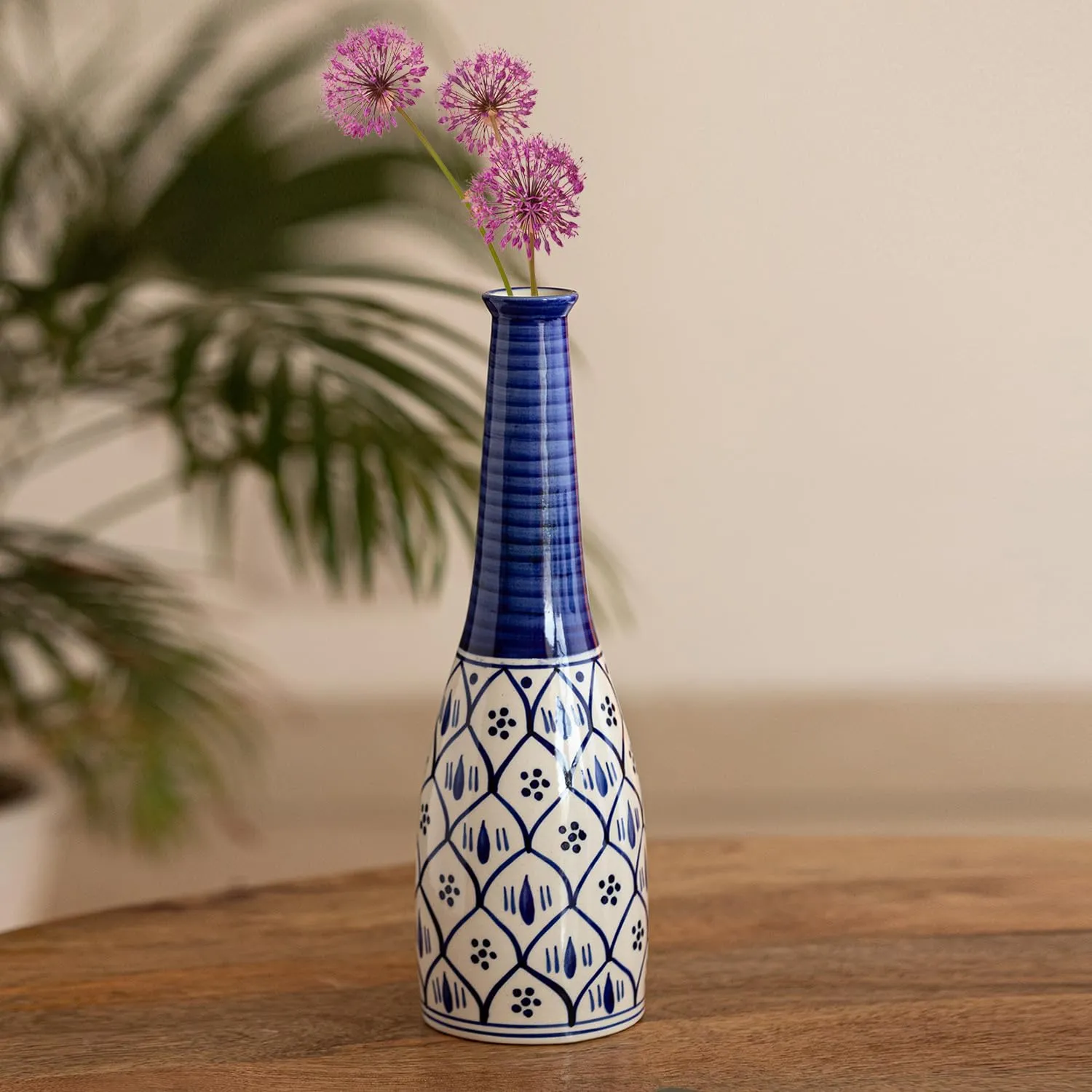 ExclusiveLane 'Moroccan Floral' Ceramic Decorative Vases for Home Decor Flower Vase for Living Room Bedroom (Hand-Painted Studio Pottery, 12.5 Inches)