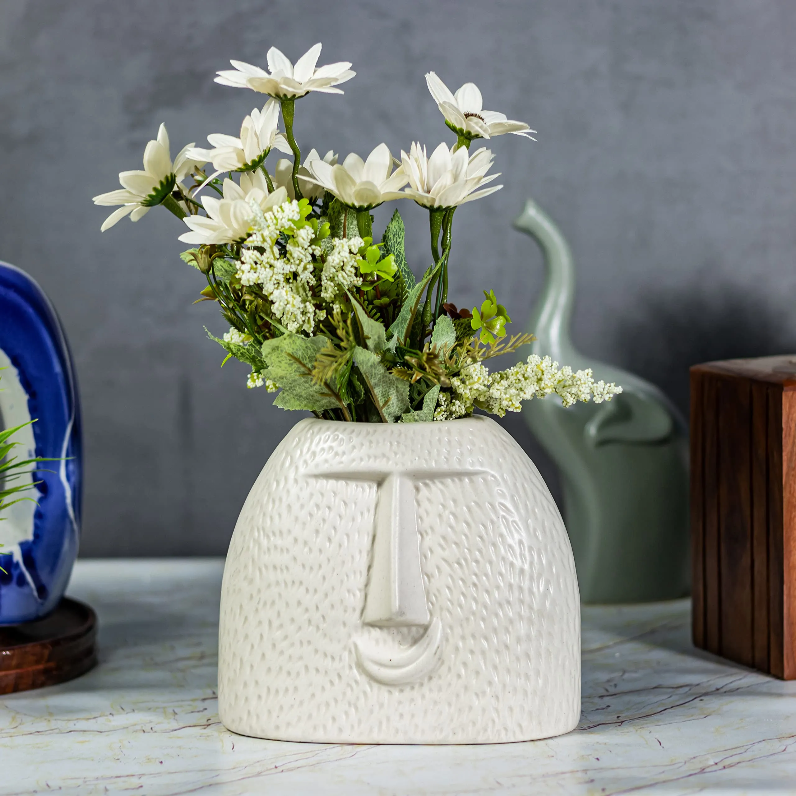 Kaolinite Artisan Handcrafted Ceramic Face Vase | Set of 2 | Premium Flower Pots for Home Decor & office | 7 Inches