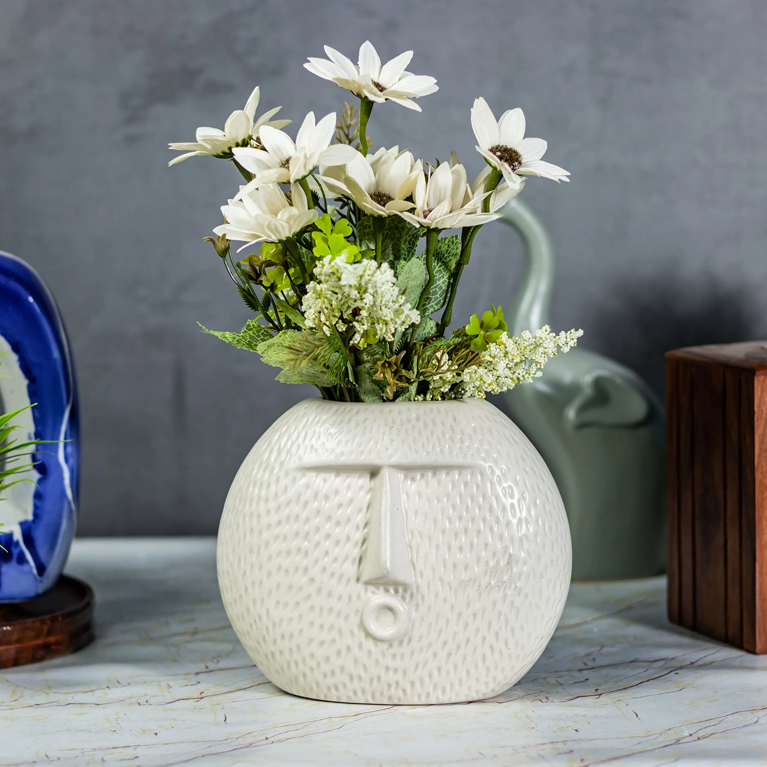 Kaolinite Artisan Handcrafted Ceramic Face Vase | Set of 2 | Premium Flower Pots for Home Decor & office | 7 Inches