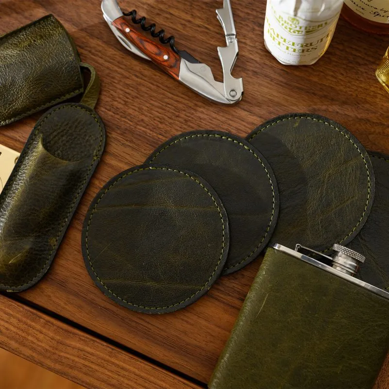 Moore & Giles Leather Coaster Set - Titan Milled Olive