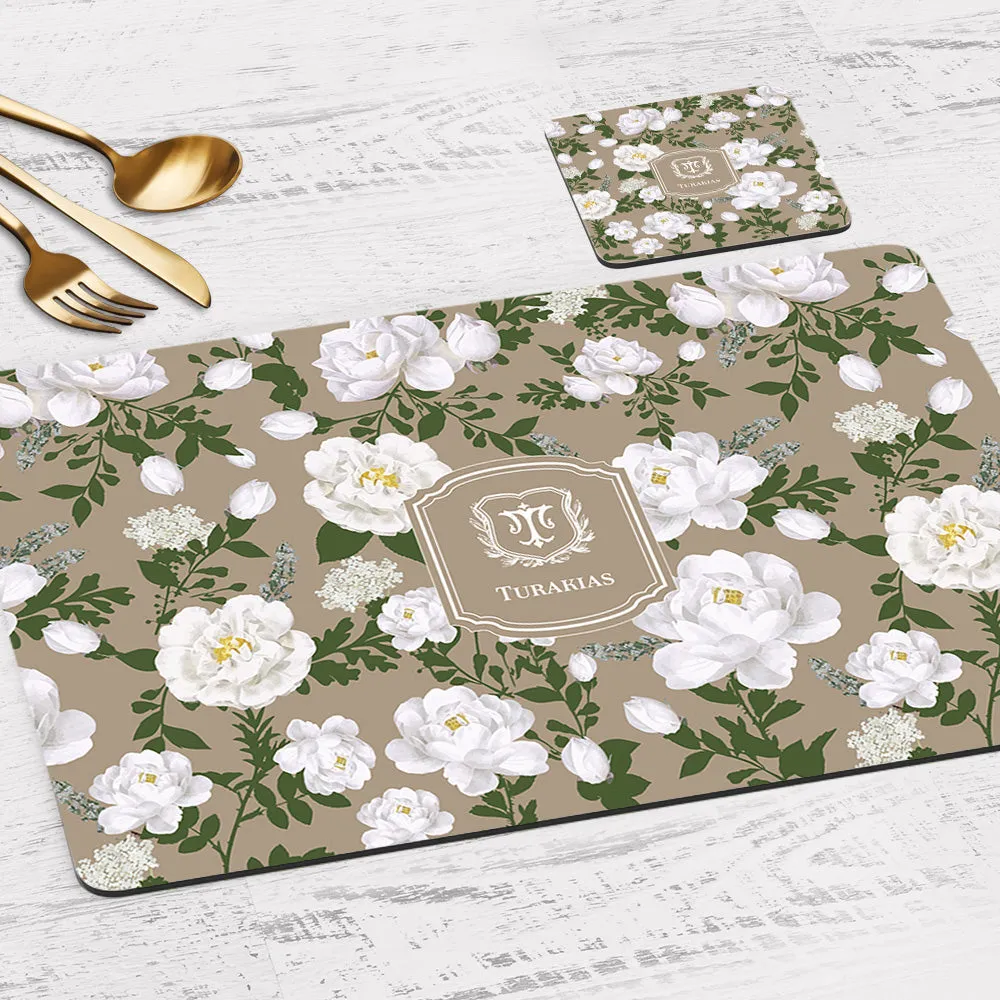 Peonies Tableware Set (4 Placemats & 4 Casters)