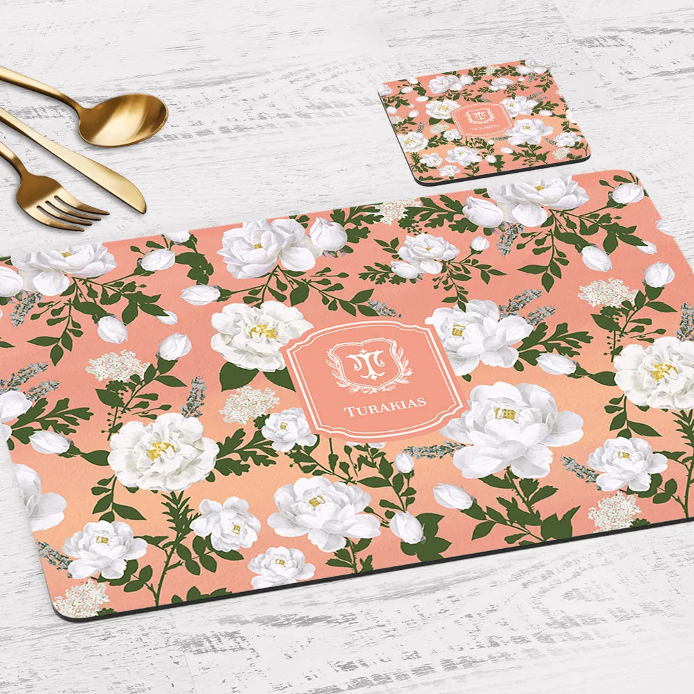 Peonies Tableware Set (4 Placemats & 4 Casters)