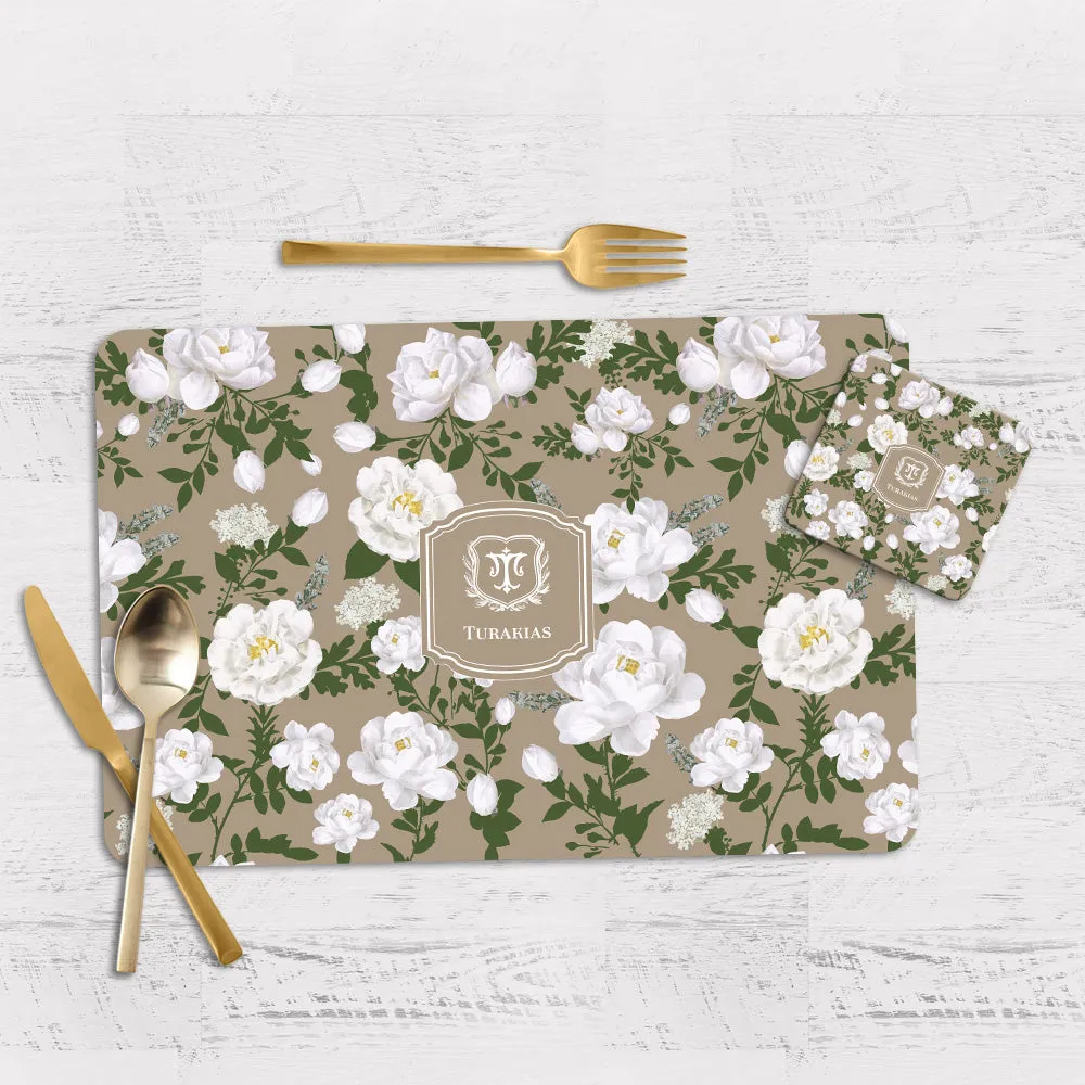 Peonies Tableware Set (4 Placemats & 4 Casters)