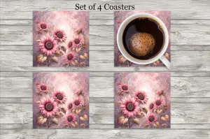 Pink Sunflower Neoprene 4 Inch Square Coasters - Set of 4