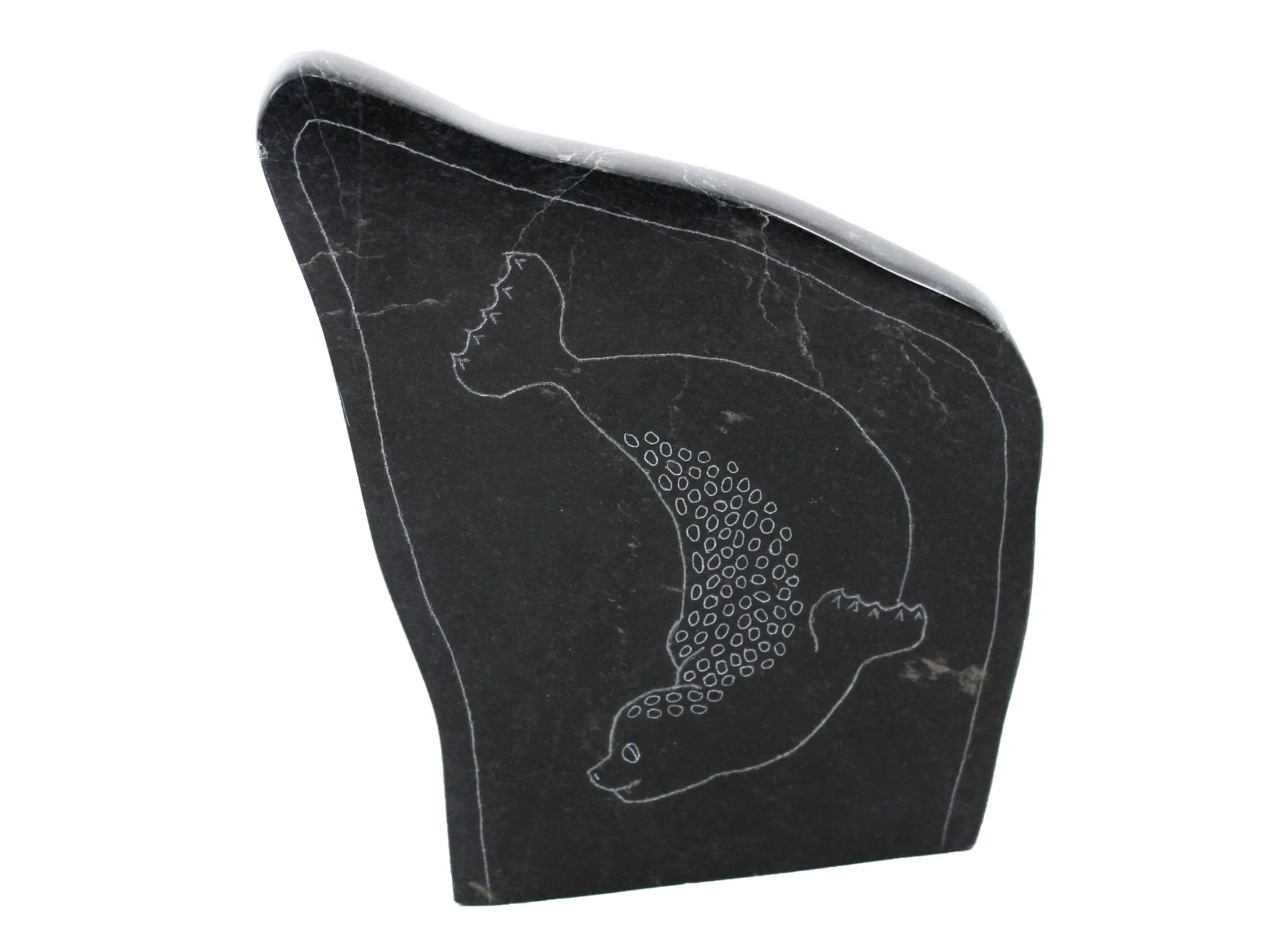 Playful baby seal soapstone etching by Artist Charlie Tarkirk