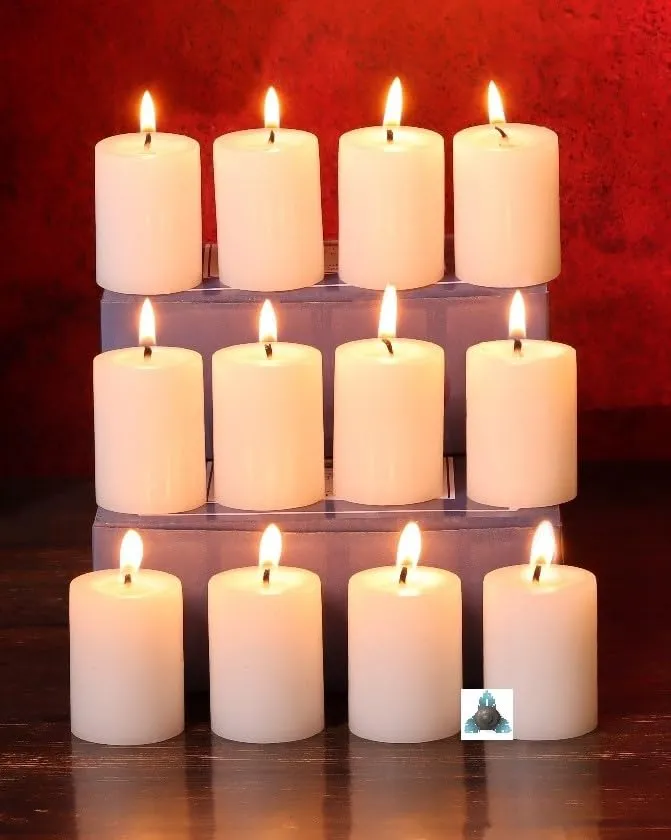 Stone & Feather (Winsome Decorative), Small White Pillar Candle Unscented, Pack of 12, Size 1.5x2 (Paraffin Wax) Long Burning time 8 Hours for Party and Event Decoration.