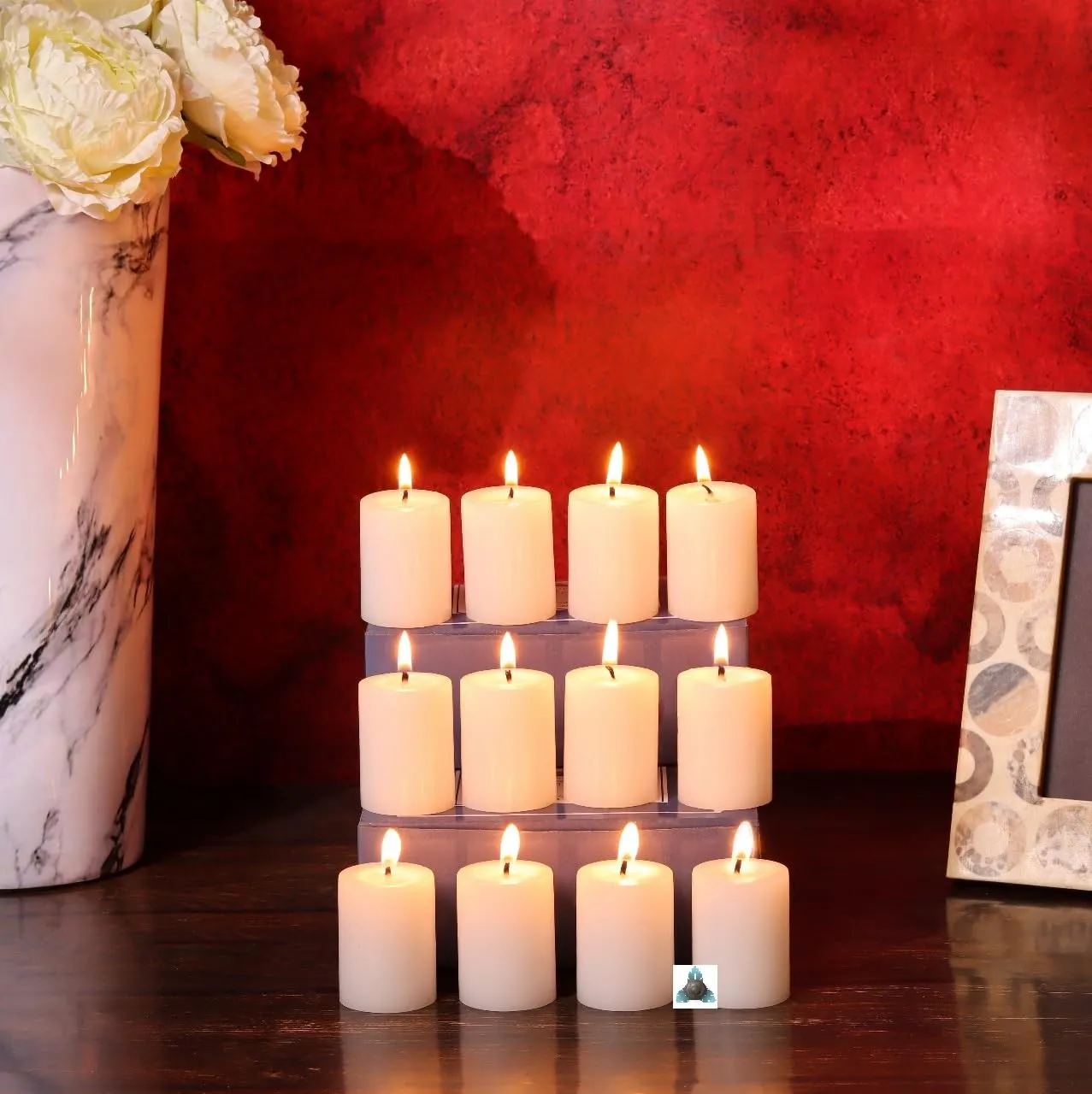 Stone & Feather (Winsome Decorative), Small White Pillar Candle Unscented, Pack of 12, Size 1.5x2 (Paraffin Wax) Long Burning time 8 Hours for Party and Event Decoration.