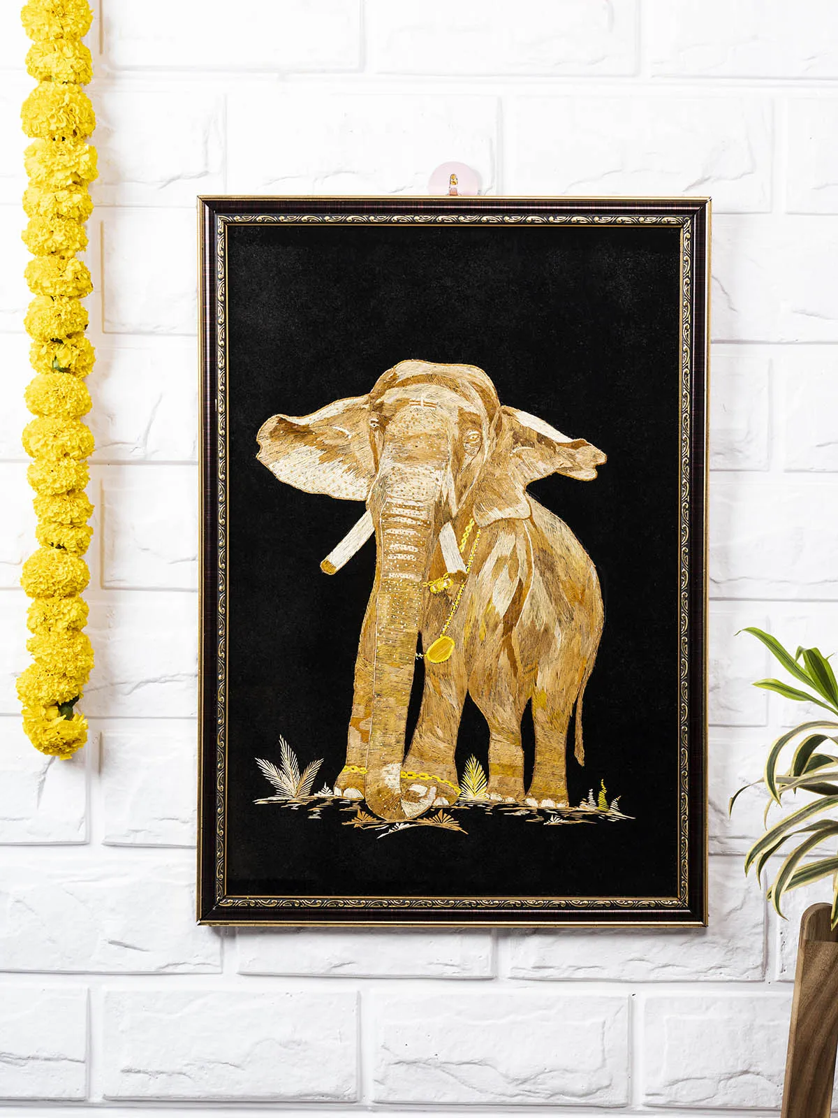 Straw Painting Elephant - Framed