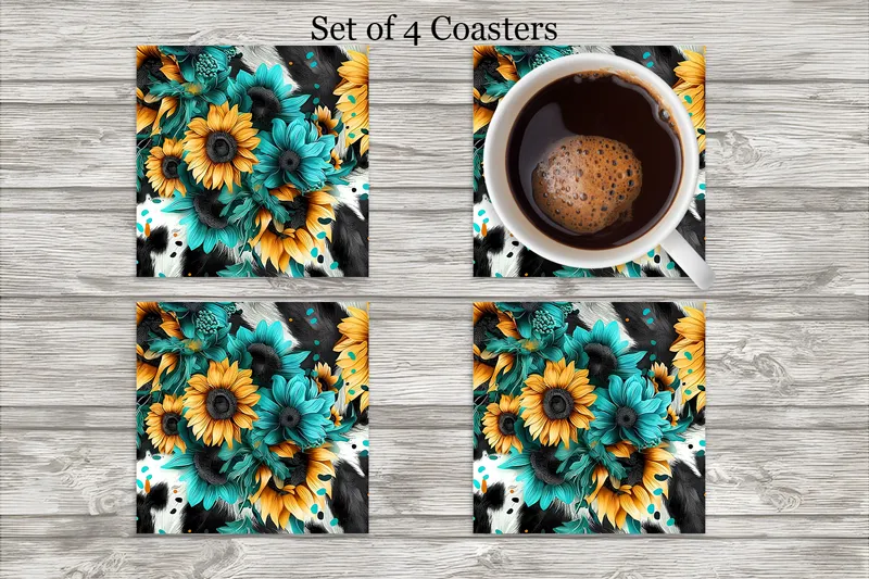 Turquoise Sunflower Neoprene 4 Inch Square Coasters - Set of 4