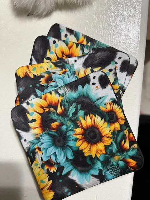 Turquoise Sunflower Neoprene 4 Inch Square Coasters - Set of 4