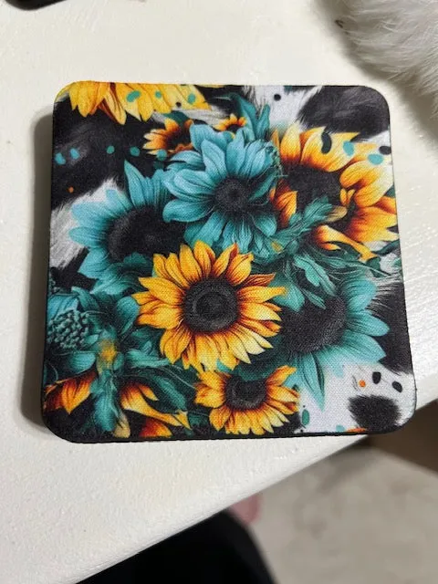 Turquoise Sunflower Neoprene 4 Inch Square Coasters - Set of 4
