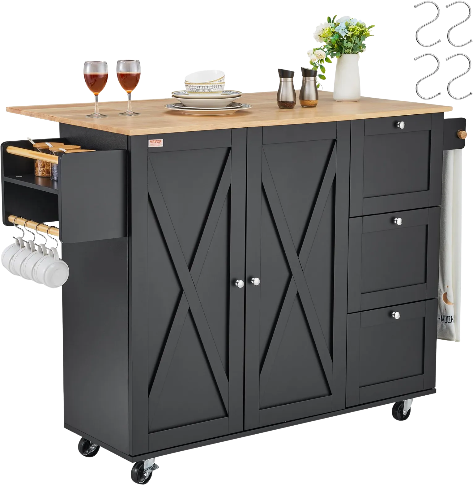 Vevor Kitchen Island Cart 45.3" Solid Rubberwood Top Mobile with Drop Leaf Spice Rack and 3 Drawers Black New