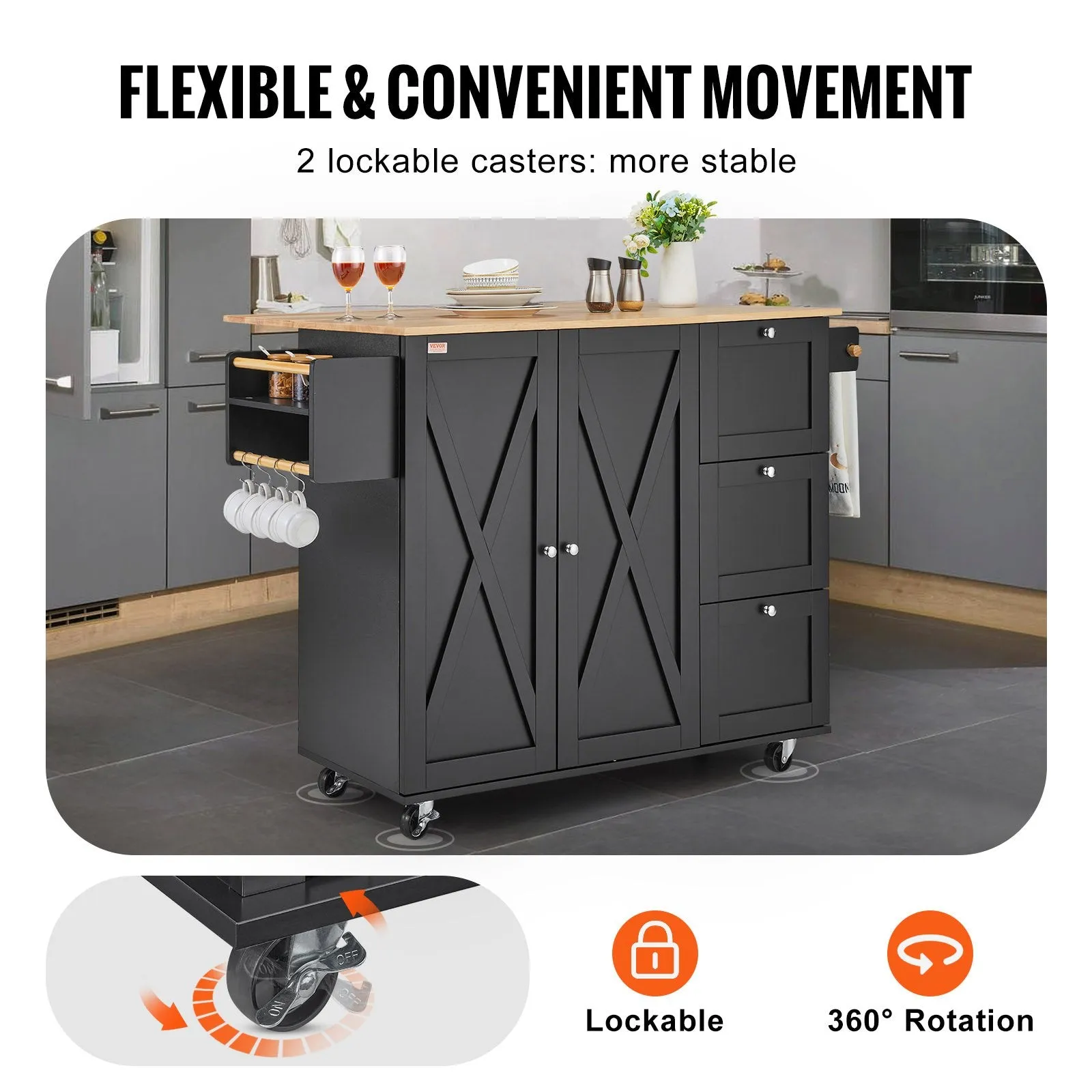 Vevor Kitchen Island Cart 45.3" Solid Rubberwood Top Mobile with Drop Leaf Spice Rack and 3 Drawers Black New