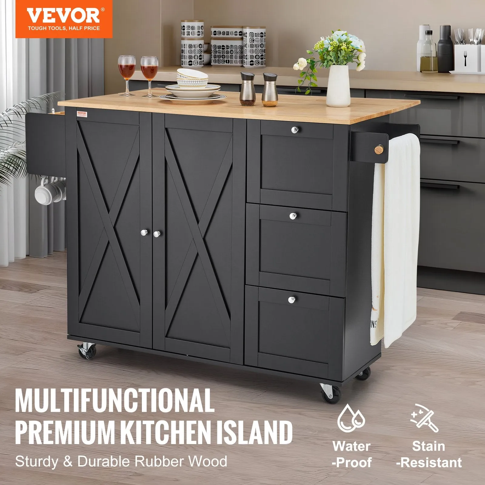 Vevor Kitchen Island Cart 45.3" Solid Rubberwood Top Mobile with Drop Leaf Spice Rack and 3 Drawers Black New